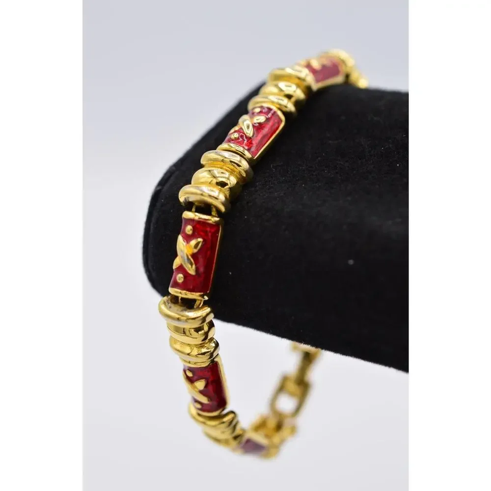 Joan Rivers Vintage Chain Bracelet Red Gold Enamel Tennis Signed 1990s Bin2